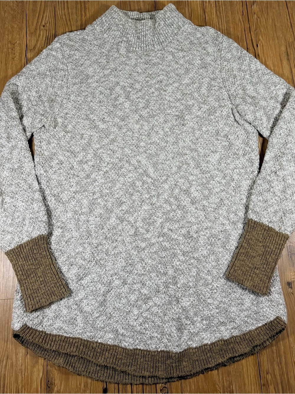 L.L.Bean Signature Sweater Womens S Cotton Linen Mock Neck Marled Gray Brown